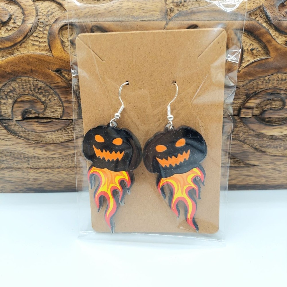 Flaming Pumpkin Earrings Silver Hooks Halloween Costume Large Novelty St…
